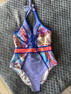 Girls' Purple Multicolor Halter One-Piece Swimsuit with Coral Waist